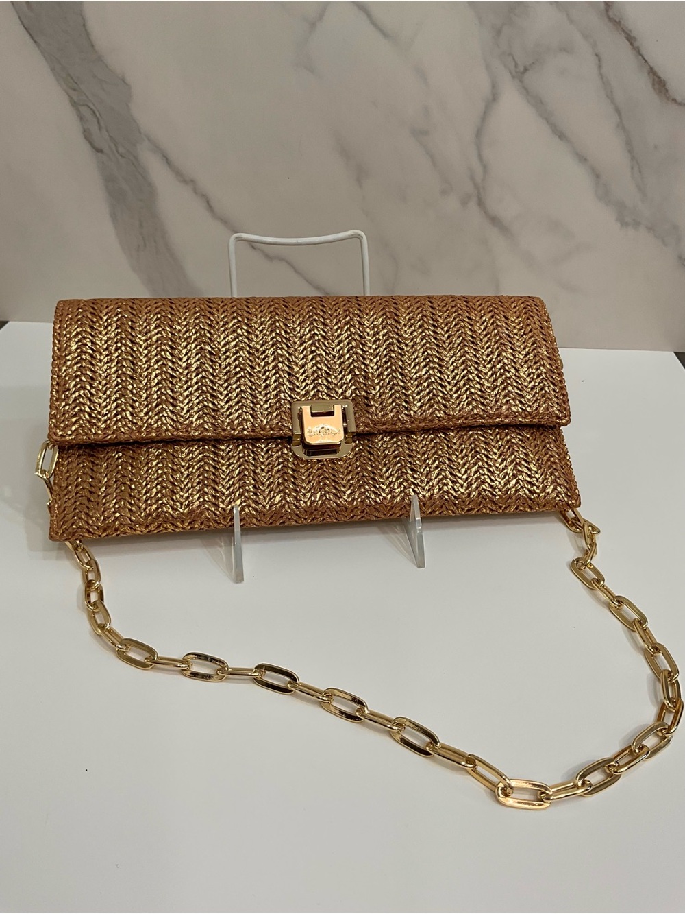 LILLY PULITZER Rose Gold Metallic Woven Chain Clutch Crossbody